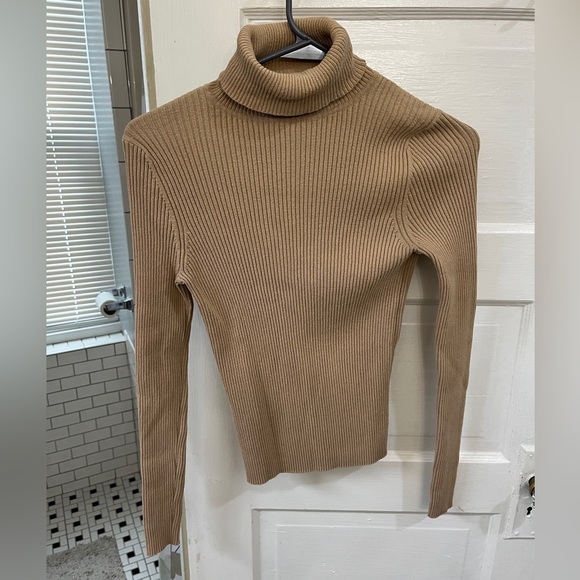Express Sweaters - Express neutral, tan ribbed turtleneck, tight fitting soft size medium